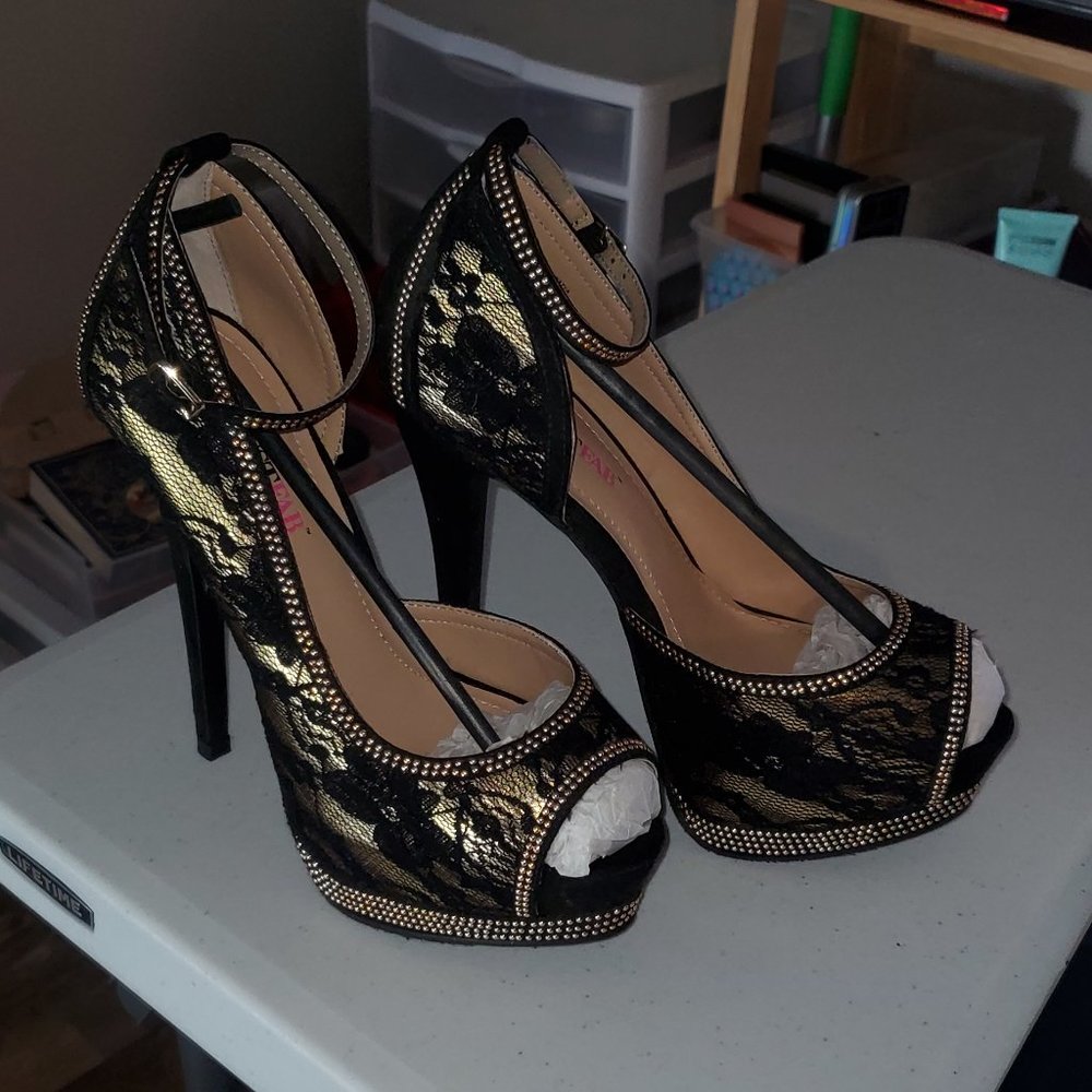 Gold and black lace heels